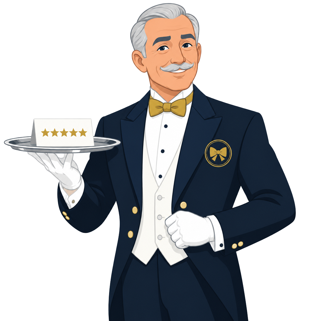 Reputation Butler mascot: cartoon butler in a tailcoat and gold bow tie holding a silver tray with a five-star card