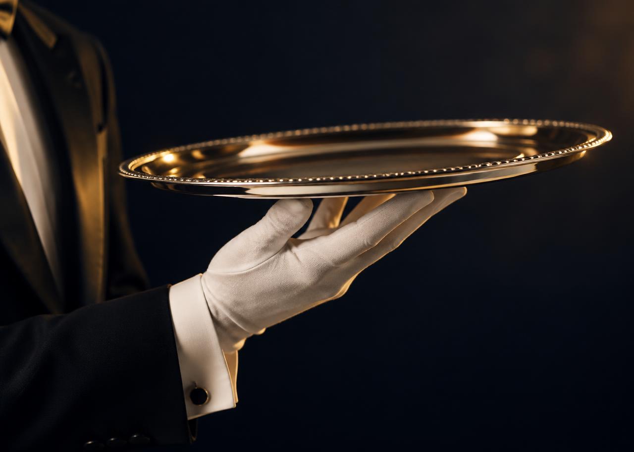 White-gloved butler's hand presenting a polished silver tray